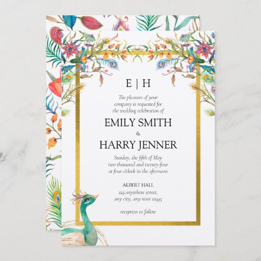 フローラカラフルピーコック金ゴールド庭園の結婚式 招待状 (正面/裏面)