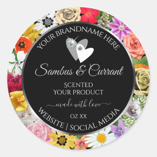 フローラカラフルブラック製品ラベルとハート ラウンドシール (正面)