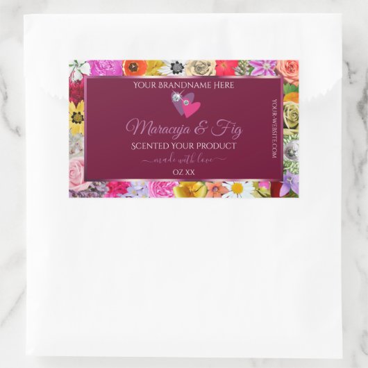 フローラカラフルブルゴーニュ製品ラベルとハート 長方形シール (バッグ)