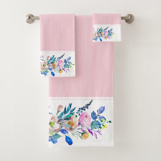 フローラカラフルブーケとピンクストライプ色 バスタオルセット (インサイチュ)