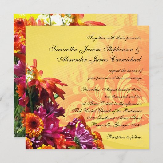 フローラカラフルブーケオレンジ/イエローデザイン 招待状 (正面/裏面)