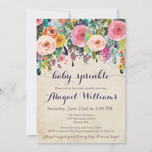 フローラカラフルベビー散布招待状、ヴィンテージ 招待状 (正面)