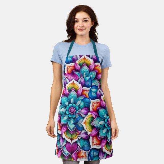 フローラカラフルマンダラミディアムエプロン エプロン (着用した状態)