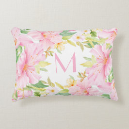 フローラカラフルモノグラム水彩植物性ピンク アクセントクッション