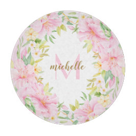 フローラカラフルモノグラム水彩植物性ピンク カッティングボード