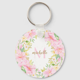 フローラカラフルモノグラム水彩植物性ピンク キーホルダー