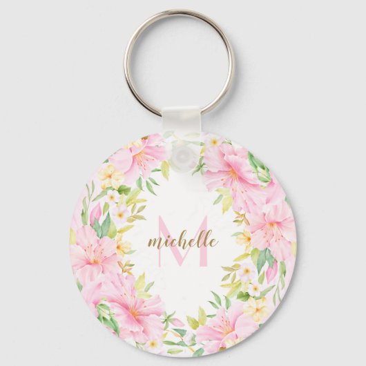 フローラカラフルモノグラム水彩植物性ピンク キーホルダー (正面)