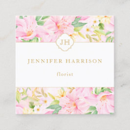 フローラカラフルモノグラム水彩植物性ピンク スクエア名刺