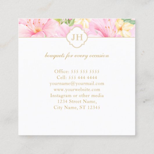 フローラカラフルモノグラム水彩植物性ピンク スクエア名刺 (裏面)