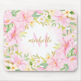 フローラカラフルモノグラム水彩植物性ピンク マウスパッド
