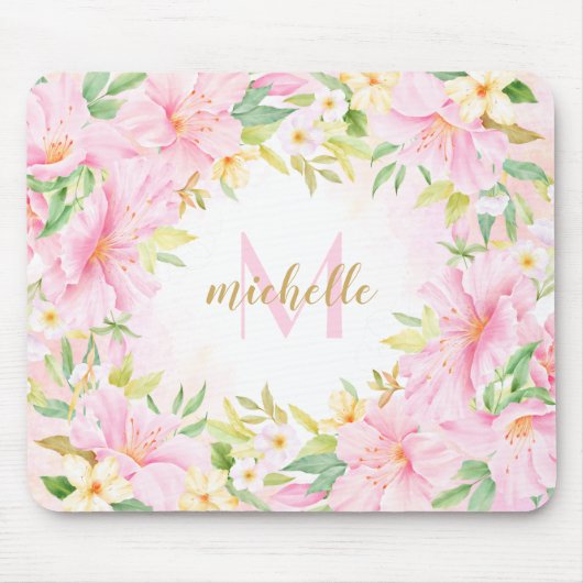 フローラカラフルモノグラム水彩植物性ピンク マウスパッド (正面)