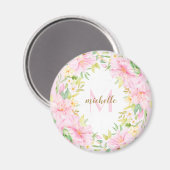 フローラカラフルモノグラム水彩植物性ピンク マグネット (正面/裏面)