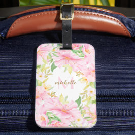 フローラカラフルモノグラム水彩植物性ピンク ラゲッジタグ