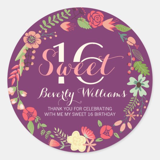 フローラカラフルリースオンパープルスウィート16 ラウンドシール (正面)