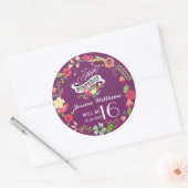 フローラカラフルリースオンパープルハッピーバースデー ラウンドシール (封筒)