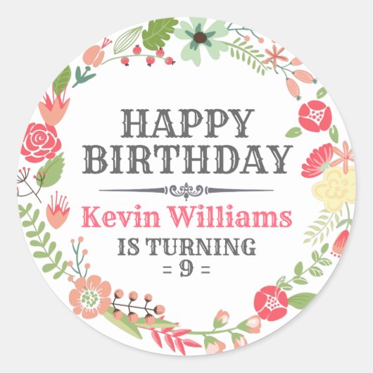 フローラカラフルリースハッピーバースデー文字テンプラット ラウンドシール (正面)