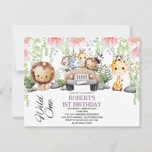 フローラカラフルワイルドワンジャングルサファリ誕生日 招待状 (正面)