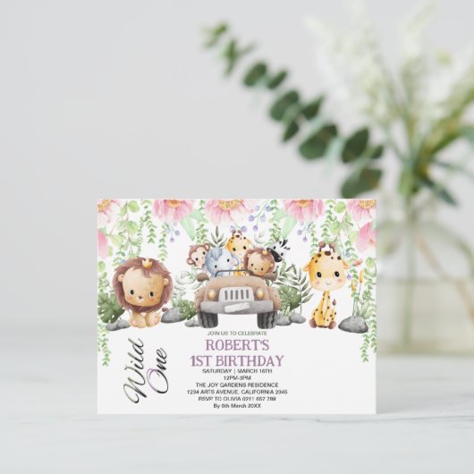 フローラカラフルワイルドワンジャングルサファリ誕生日 招待状 (スタンド正面)