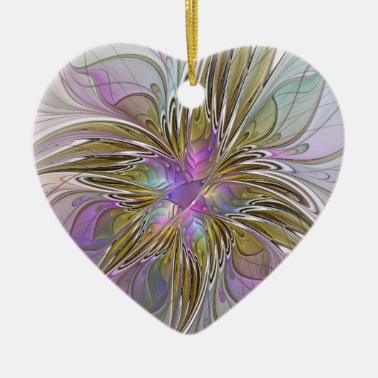 フローラカラフル抽象芸術フラクタルピンク&金ゴールドハート セラミックオーナメント (正面)
