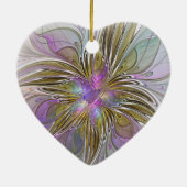 フローラカラフル抽象芸術フラクタルピンク&金ゴールドハート セラミックオーナメント (裏面)