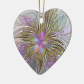 フローラカラフル抽象芸術フラクタルピンク&金ゴールドハート セラミックオーナメント (左)