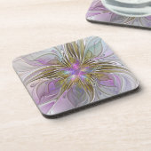 フローラカラフル抽象芸術フラクタル(ピンクと金ゴールド) コースター (左側)
