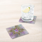 フローラカラフル抽象芸術フラクタル(ピンクと金ゴールド) スクエアペーパーコースター (インサイチュ)