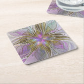 フローラカラフル抽象芸術フラクタル(ピンクと金ゴールド) スクエアペーパーコースター (アングル)