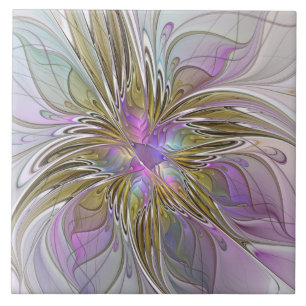 フローラカラフル抽象芸術フラクタル(ピンクと金ゴールド) タイル