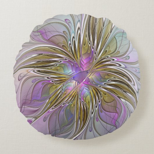 フローラカラフル抽象芸術フラクタル(ピンクと金ゴールド) ラウンドクッション (正面)