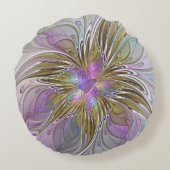 フローラカラフル抽象芸術フラクタル(ピンクと金ゴールド) ラウンドクッション (裏面)