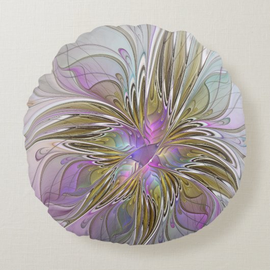 フローラカラフル抽象芸術フラクタル(ピンクと金ゴールド) ラウンドクッション (正面)
