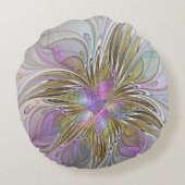 フローラカラフル抽象芸術フラクタル(ピンクと金ゴールド) ラウンドクッション (裏面)