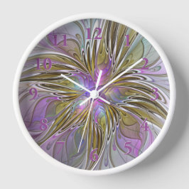 フローラカラフル抽象芸術フラクタル(ピンクと金ゴールド) 壁時計