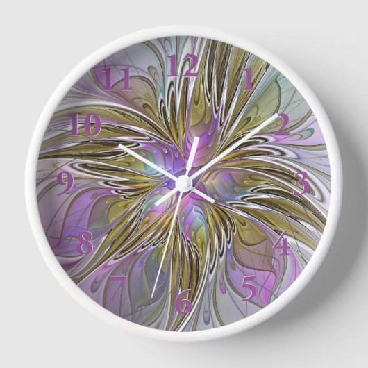 フローラカラフル抽象芸術フラクタル(ピンクと金ゴールド) 壁時計 (正面)