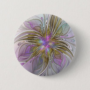 フローラカラフル抽象芸術フラクタル(ピンクと金ゴールド) 缶バッジ