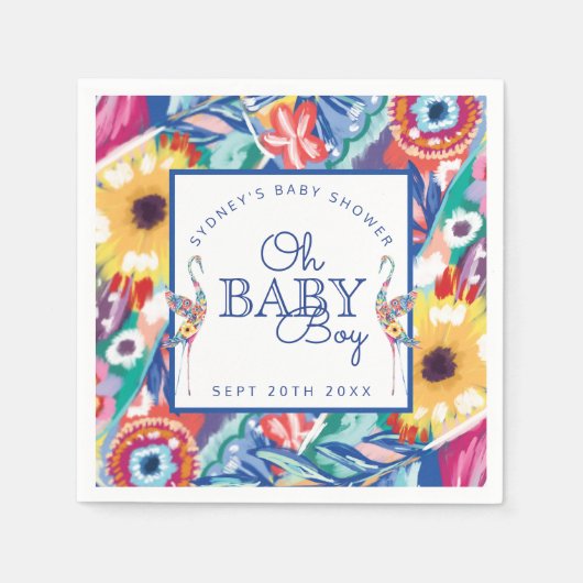 フローラカラフル植物性コウノトリ男の赤ちゃんシャワー スタンダードカクテルナプキン (正面)