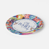 フローラカラフル植物性コウノトリ男の赤ちゃんシャワー ペーパープレート (アングル)