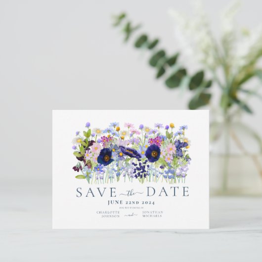 フローラカラフル水彩結婚式の日付を保存 インビテーションポストカード (スタンド正面)