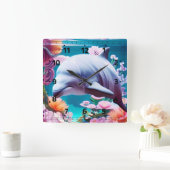 フローラカラフル海のイルカ – 海愛好家 スクエア壁時計 (ホーム)