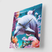 フローラカラフル海のイルカ – 海愛好家 スクエア壁時計 (傾斜)