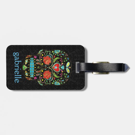 フローラカラフル糖スカルグリッター及び金ゴールド ラゲッジタグ (裏面横)