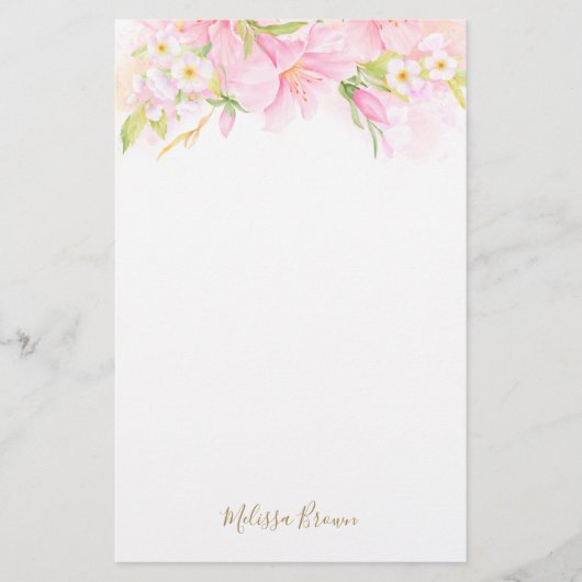フローラカラフル繊細な水彩植物性ピンク 便箋 (正面)