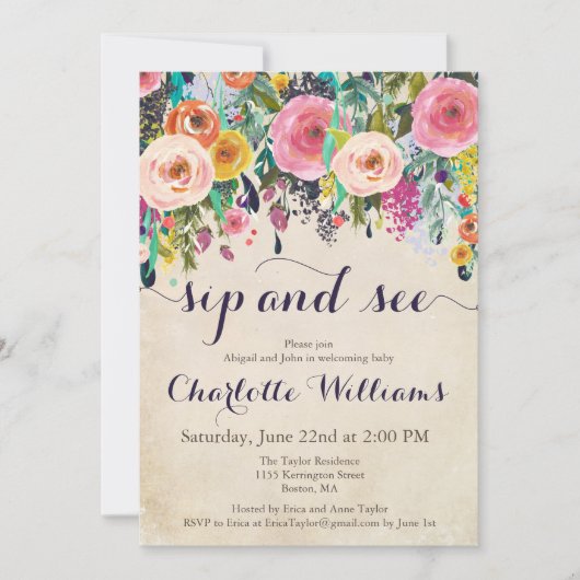 フローラカラフルsipおよび「招待状」、「ヴィンテージ」 招待状 (正面)