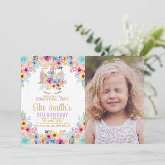 フローラカラーズフォトユニコーン誕生日招待状 招待状 (スタンド正面)
