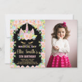 フローラカラーズブラックフォトユニコーン誕生日 招待状 (正面)