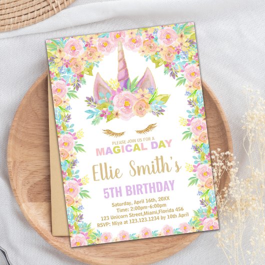 フローラカラーズホワイトユニコーン誕生日招待状 招待状