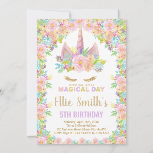 フローラカラーズホワイトユニコーン誕生日招待状 招待状 (正面)