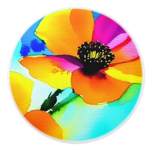 フローラカリフォルニアポピズワイルドフラワーズオレンジピンク セラミックノブ (正面)