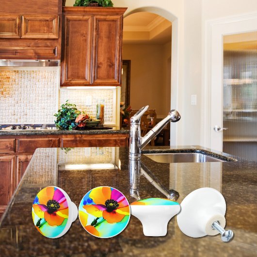 フローラカリフォルニアポピズワイルドフラワーズオレンジピンク セラミックノブ